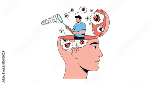 Small person inside large human head catching ladybugs with net for cognitive therapy, mind management, and psychological well-being.