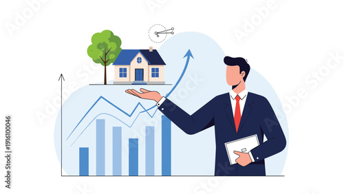 Real estate agent in suit presenting rising market graph with small house in his hand for property value appreciation and sales.