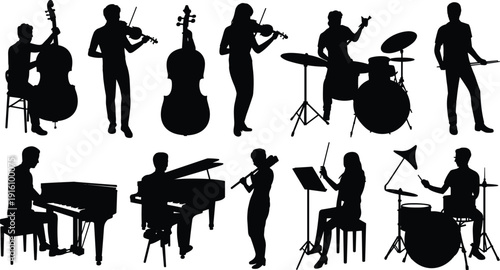 Black silhouette orchestra musicians playing violin, piano, drums, cello, double bass, flute and guitar isolated on white background