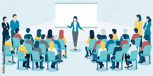 A businesswoman presents to a large audience in a conference setting