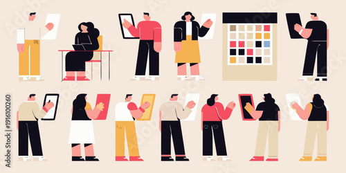 Diverse group of people interacting with digital devices and planning layouts