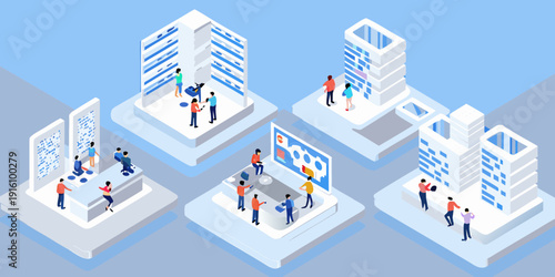 Isometric illustration of a modern data center with people and technology