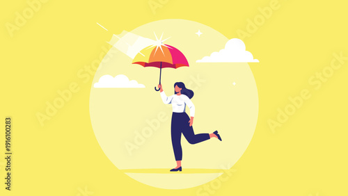Woman holding colorful umbrella against yellow sky with clouds for insurance protection, financial security, and risk management.