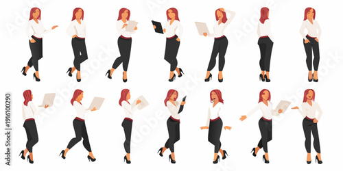 Multiple poses of a red haired businesswoman holding documents and gesturing
