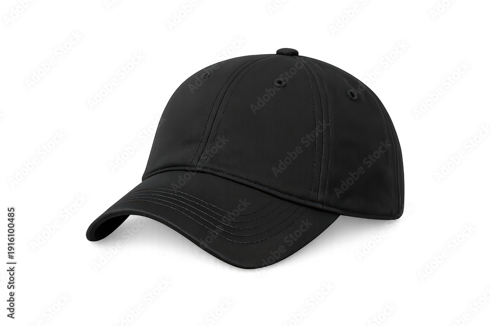 Fototapeta premium Black baseball cap with a curved brim, basic headwear accessory for sports and casual fashion, transparent background