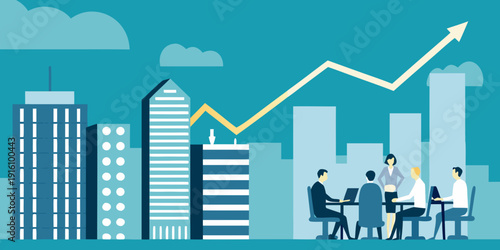 Business team meeting with a cityscape and growing graph in background