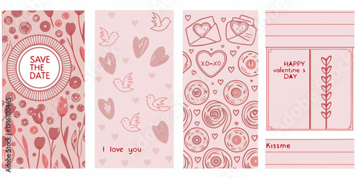 Four decorative bookmark designs featuring hearts birds and romantic phrases