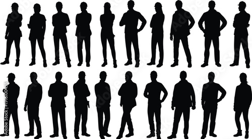 Construction team silhouettes set, workers and engineers standing in different poses, professional labor collection isolated on white