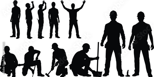 Construction worker silhouette set with standing and working poses isolated on white background vector collection