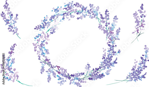 水彩画。水彩タッチのラベンダーベクターイラスト。ラベンダーの春植物背景。Watercolor painting. Watercolor lavender vector illustration. Lavender spring plant background.