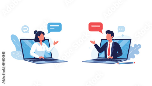 Businessman and businesswoman communicating through video call on laptops for remote work, global meetings, and digital collaboration.