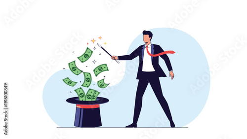Magician businessman using magic wand to pull flying dollar bills out of top hat for quick wealth, financial miracle, and profit.