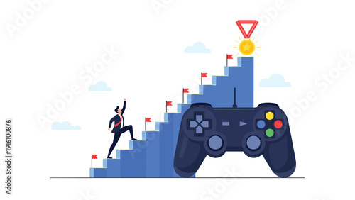 Businessman climbing bar chart steps towards medal prize passing giant game controller for gamification of work and motivation.