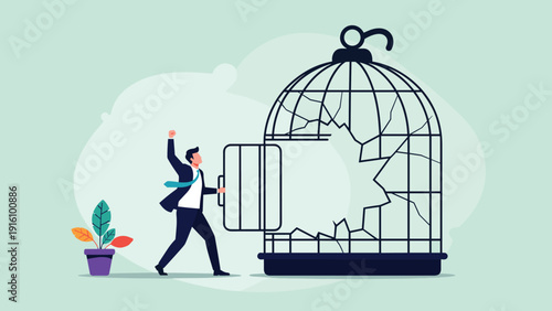 Victorious businessman walking out of broken open birdcage symbolizing liberation from debt, corporate confinement, and freedom.