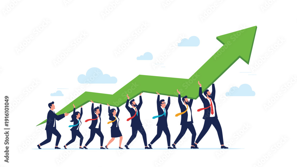 Obraz premium Group of professional teammates work together to carry a massive green upward arrow that represents collective company growth.