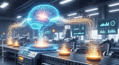 Futuristic factory with robotic arms and glowing brain