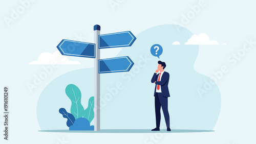 Businessman looks at a signpost with three blank arrows and a question mark to represent uncertainty and choosing a career path.