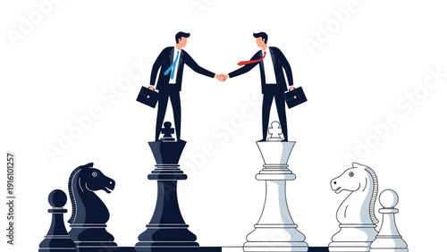 Two professional businessmen shake hands while standing on giant chess pieces to symbolize a successful strategic partnership.