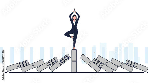 Resilient businesswoman performs a yoga pose on a pedestal to remain calm while dominoes fall all around her in the city.