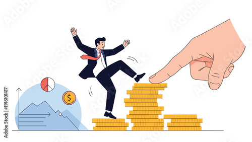 Financial instability concept showing a businessman falling from a stack of gold coins being pushed by a giant human hand.