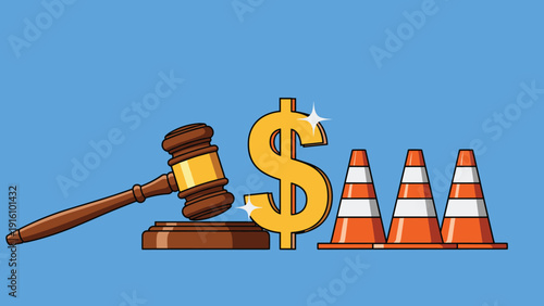 Legal and financial symbols including a wooden judge gavel and golden dollar sign are placed next to orange traffic cones.