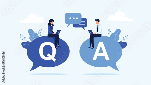 Male and female professionals sit on large question and answer speech bubbles while working on their laptops in a modern office.