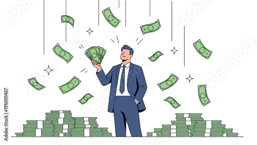 Successful businessman stands confidently under a rain of falling banknotes surrounded by large stacks of paper currency.