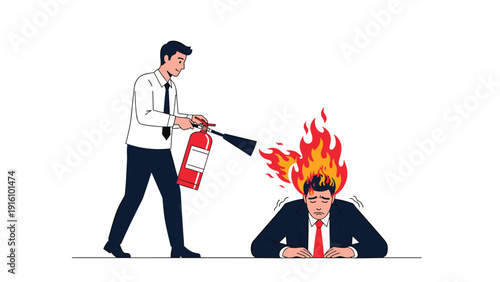 Helpful male colleague uses a red fire extinguisher to help a coworker whose head is literally on fire from workplace stress.
