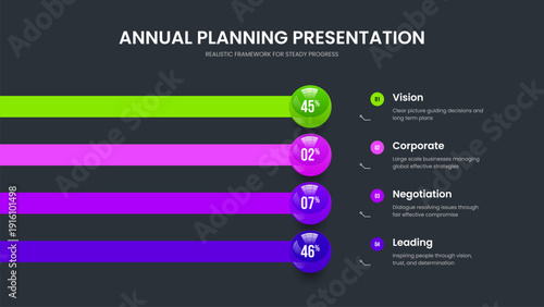Sales Performance Four Step Graph Slide Layout. Colorful Portfolio 4 Element Chart Frame Template. Modern Launch Slideshow Design Vector Illustration.