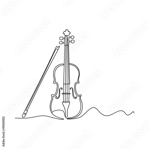 Continuous line drawing of a violin and bow elegant musical illustration