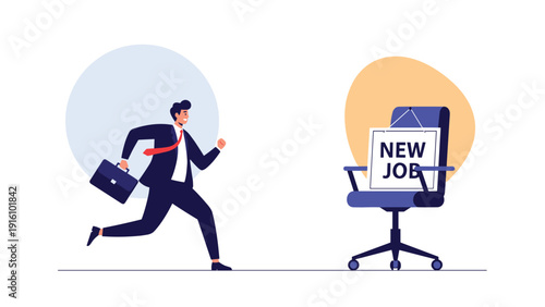 Excited businessman runs quickly towards an office chair with a new job sign to celebrate a successful career transition.