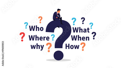 Thoughtful man sits on a giant question mark surrounded by various inquiry words to plan his next strategic business move.