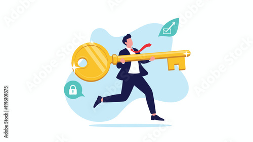 Successful businessman runs forward while carrying a giant golden key representing a solution or unlocking new opportunities.