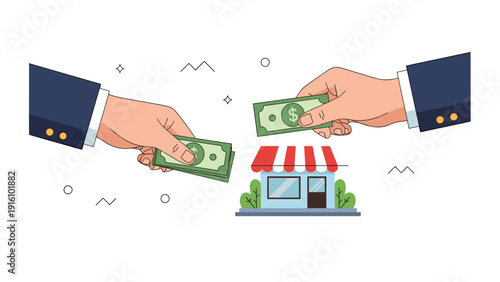 Hands of two people exchange paper money over a small store building to represent a retail transaction or local investment.