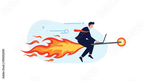 Energetic businessman rides giant flaming rocket pen while working on laptop, representing fast-paced innovation and rapid business growth.