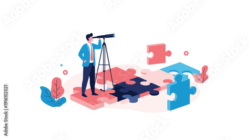 Visionary businessman stands on giant puzzle pieces using tripod telescope to look forward, symbolizing strategic planning and market outlook.