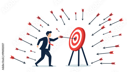 Brave businessman tries to hit target with arrow while many other arrows fly around him, representing competition and focusing on core goals.