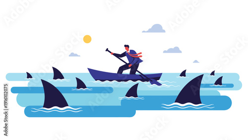 Determined businessman paddles rowboat through sea filled with shark fins, representing navigating a dangerous and competitive market environment.
