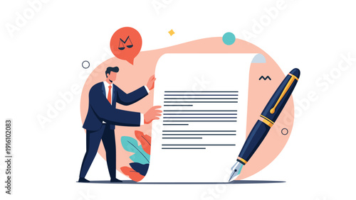 Businessman in suit stands next to giant document and fountain pen, representing contract signing, legal agreements, and official paperwork.