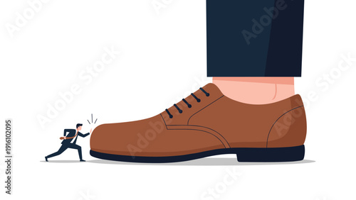 Small businessman exerts great effort to push a giant brown dress shoe, representing a small company competing against massive corporate giants.