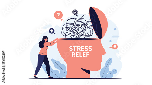Woman pushes against human head to release tangled lines of thoughts, illustrating stress relief, mental wellness, and emotional clarity.