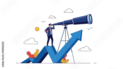 Businessman stands on jagged rising blue arrow using large telescope on tripod, representing long-term vision and future market forecasting.