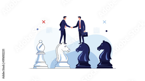 Two businessmen shake hands while standing on giant chess pieces in front of abstract shapes, representing strategic partnership and deals.