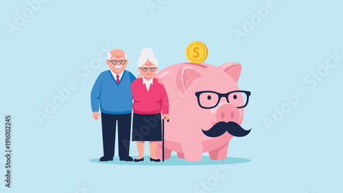 Elderly couple stands happily next to large pink piggy bank with mustache and glasses, symbolizing secure retirement and long-term savings.