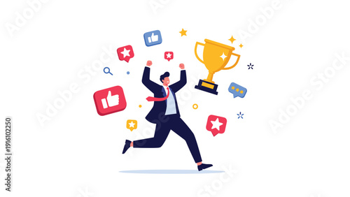 Joyful businessman runs with gold trophy while surrounded by social media like and star icons, representing public recognition and achievement.