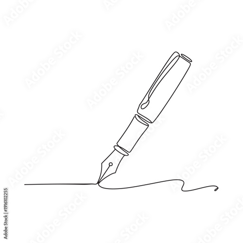 A minimalist line drawing depicts a fountain pen in a writing pose