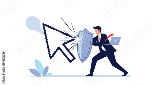 Brave businessman uses silver shield to block giant computer mouse cursor, representing cybersecurity, data protection, and digital defense.
