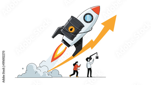 Large rocket with oil barrel attached blasts off alongside a rising gold arrow, representing skyrocketing fuel prices and energy market growth.