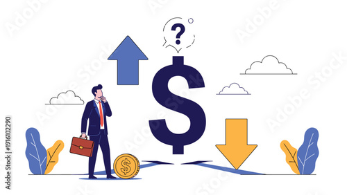Businessman looks thoughtfully at a giant dollar sign with up and down arrows nearby, representing financial decisions and market volatility.