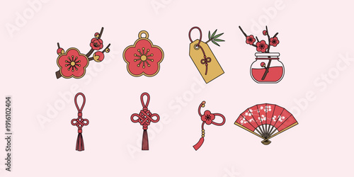 Collection of traditional Asian cultural symbols and good luck charms, including plum blossoms, decorative knots, a folding fan, and auspicious ornaments, in a flat vector style.